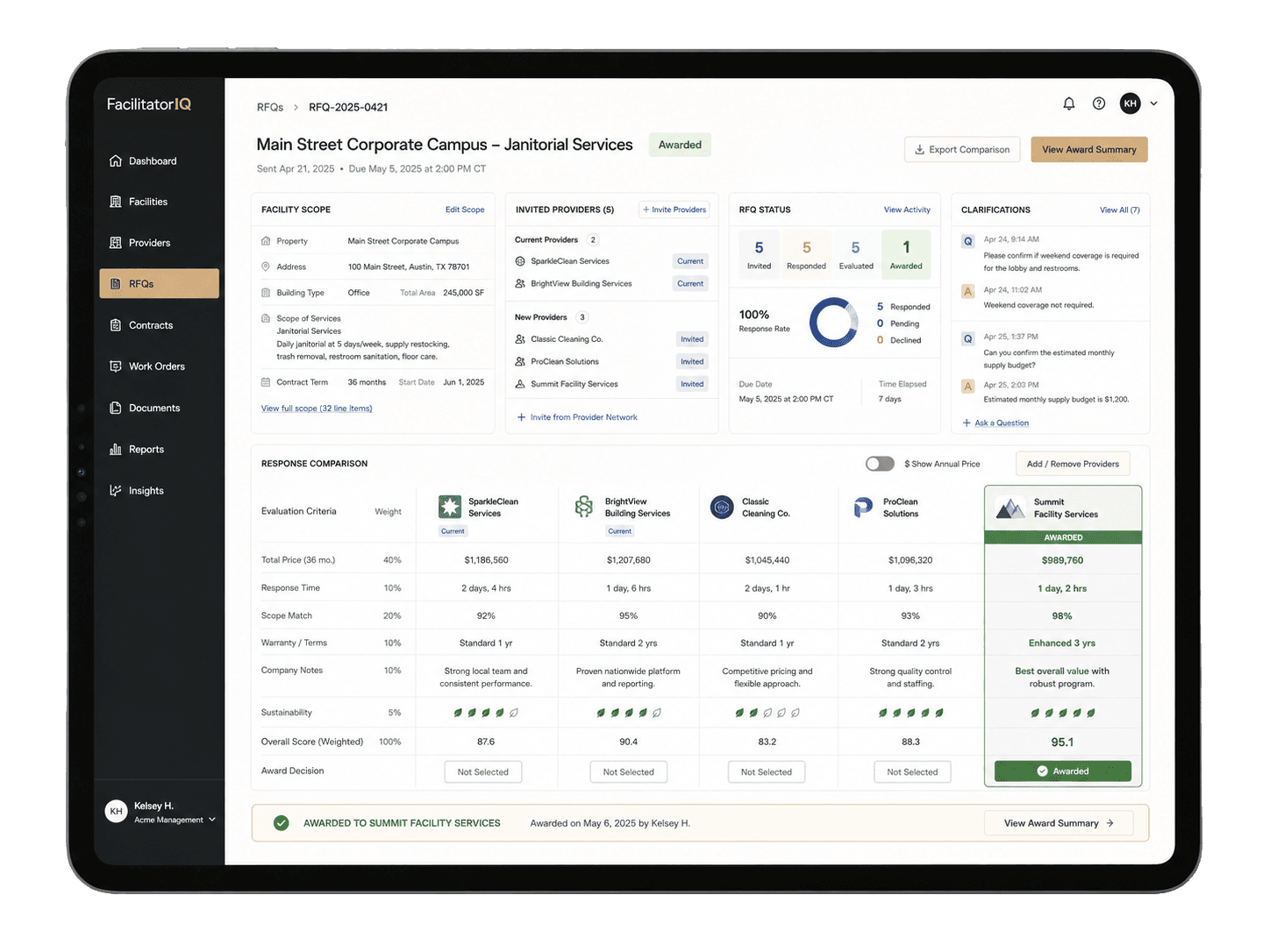 Structured RFQ comparison table with provider pricing, response time, availability, and score