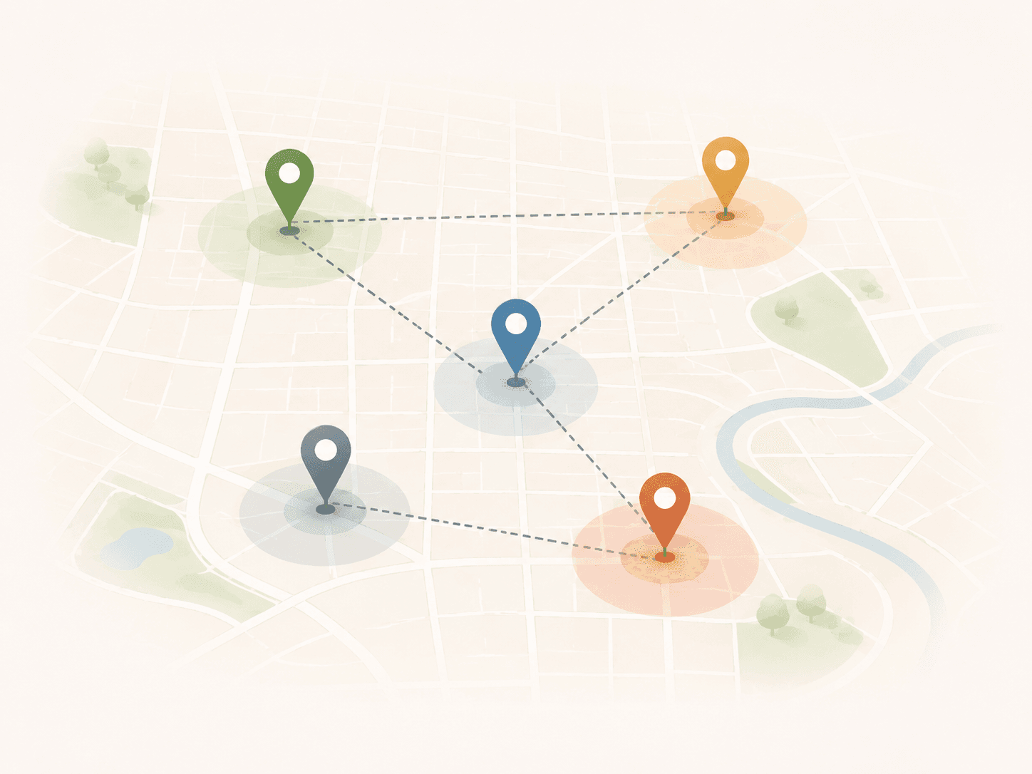 Illustrative map showing connected service-area pins for facility provider coverage