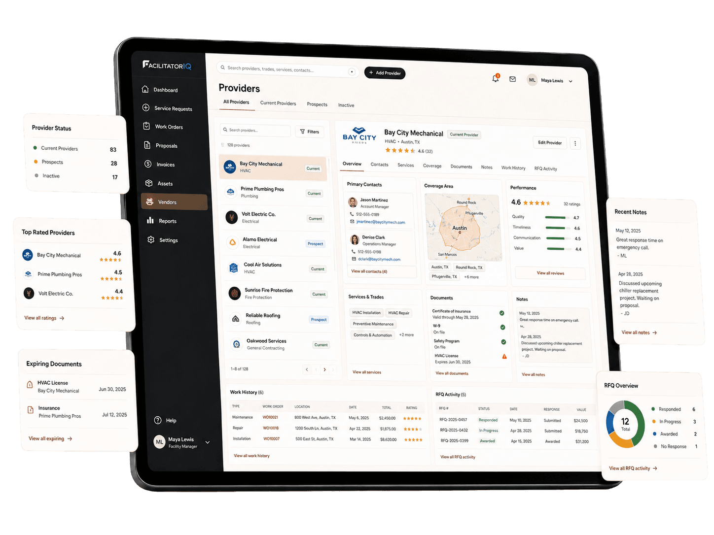 Provider record with company details, coverage, documents, locations, recent work, ratings, and notes