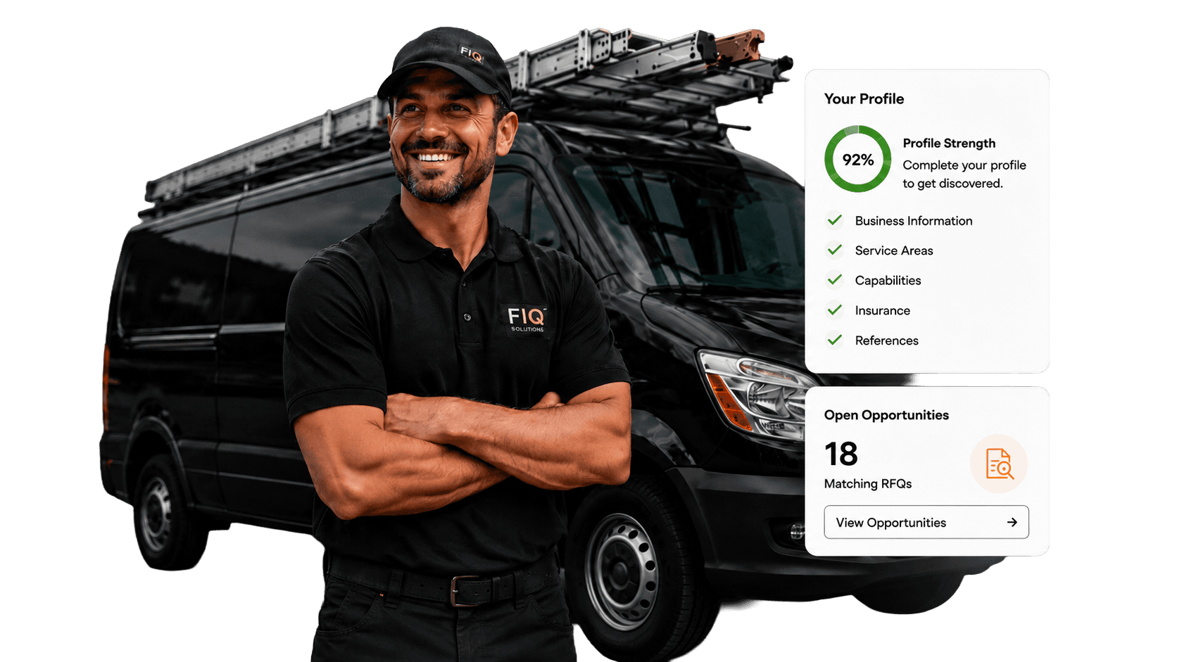 Commercial service provider standing beside a service van with profile strength, open opportunities, and marketplace benefits