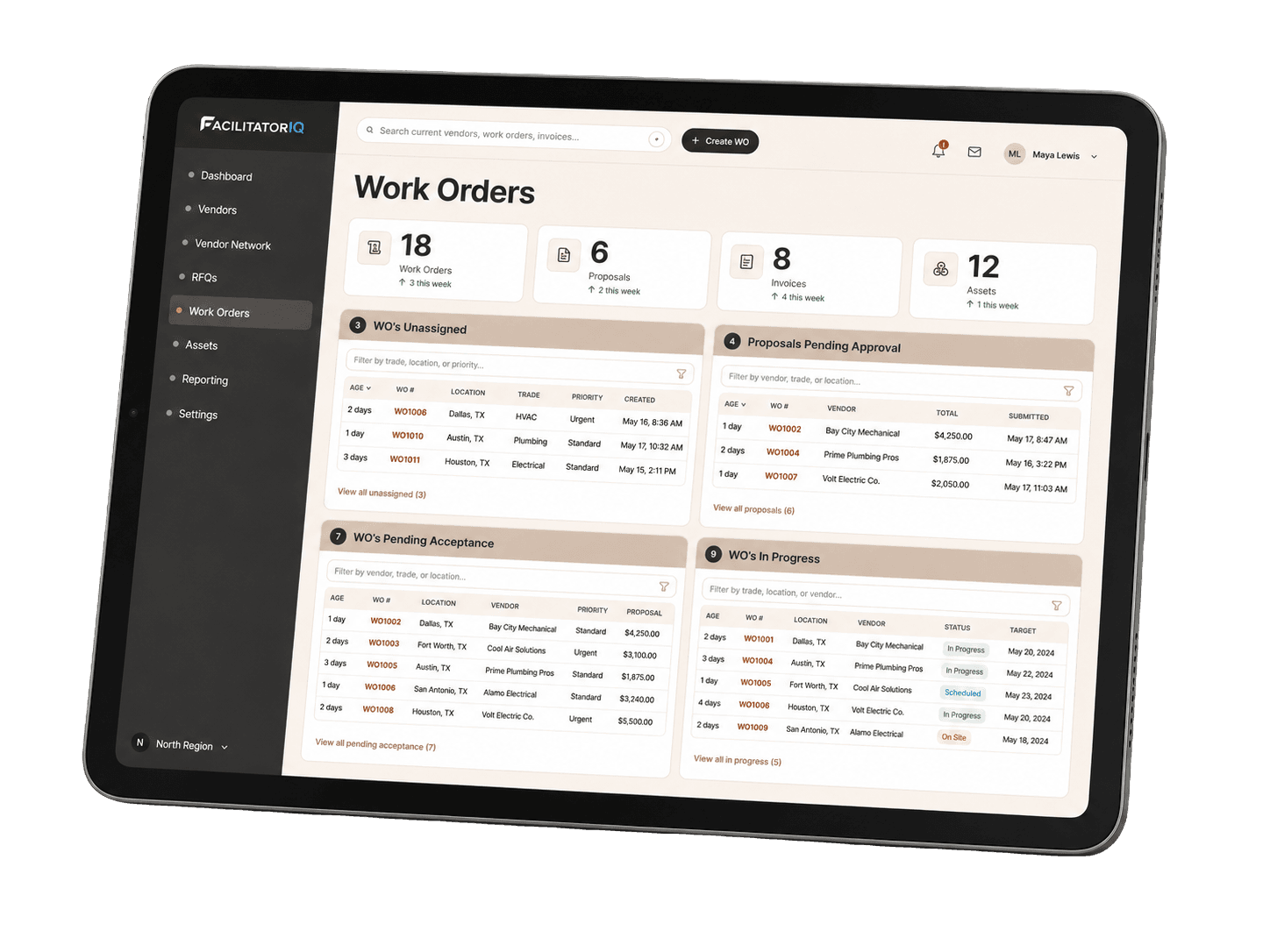 Work-order list with status, location, and priority alongside provider coverage